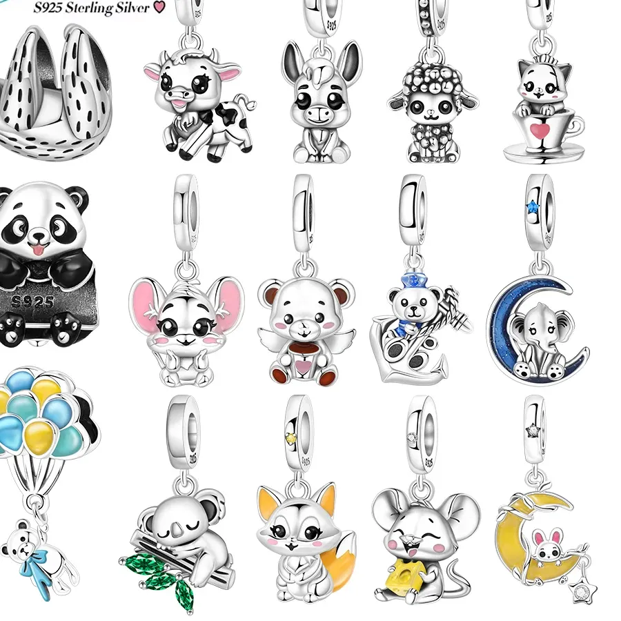 Authentic Charms 925 Silver Cute Animal Panda Calf Lamb Sloth Mouse Beads Pendant Fit DIY Women Jewelry Original Bracelet Gifts Making