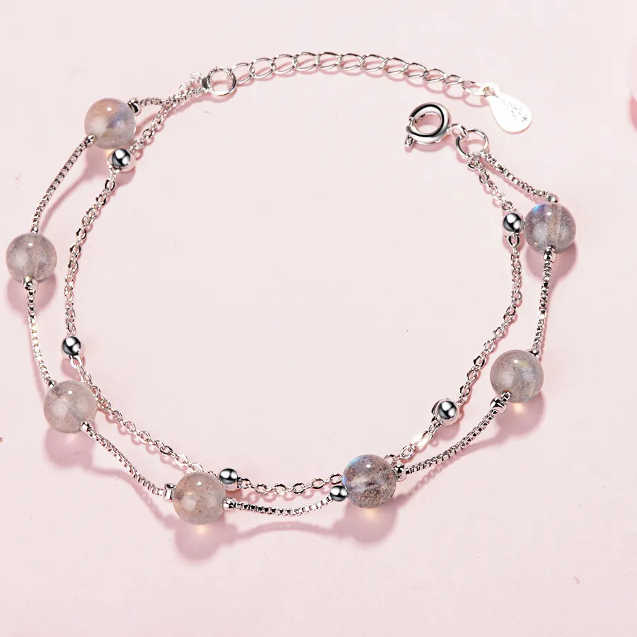 Authentic 925 Sterling Plata Jewelry Multi Layer Natural Moonstone Beads Giftpromise Love Pulseira Bijoux