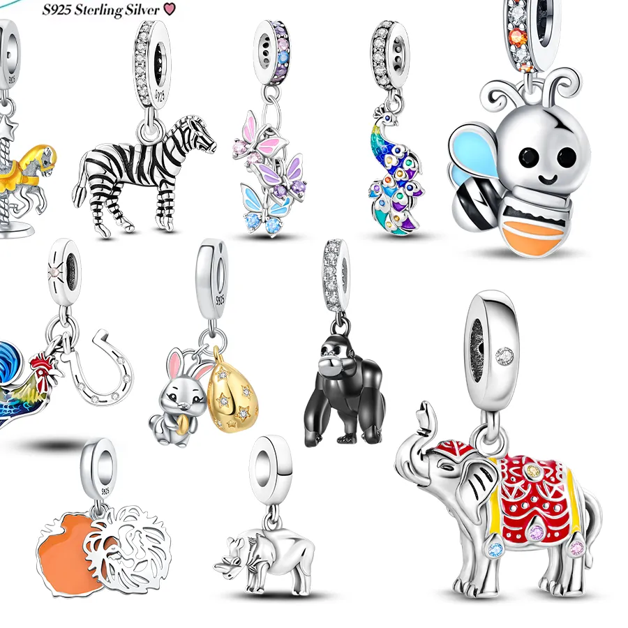 Authentic Silver 925 Elephants Bees Rabbits Butterflies Peacock Bracelet Charms Fit Women Jewelry Beads DIY Exquisite Gifts Accessory