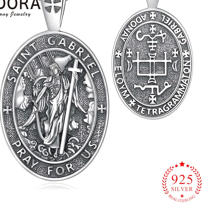 Authentic Eudora 925 Sterling Silver St. Gabriel Archangel Necklace Vintage Embossed Cross Patron Saint Pendant for Men Religious Jewelry