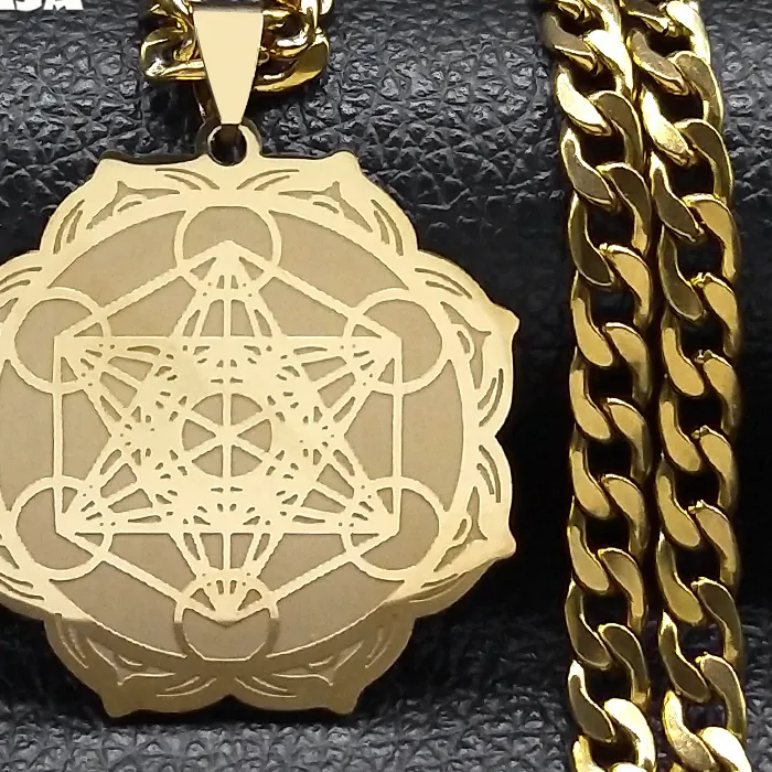 Authentic Sacred Geometry Metatron Cube Flower of Life Lotus Seal Archangel Necklace Women Men Stainless Steel Necklaces Jewelry N3004S03