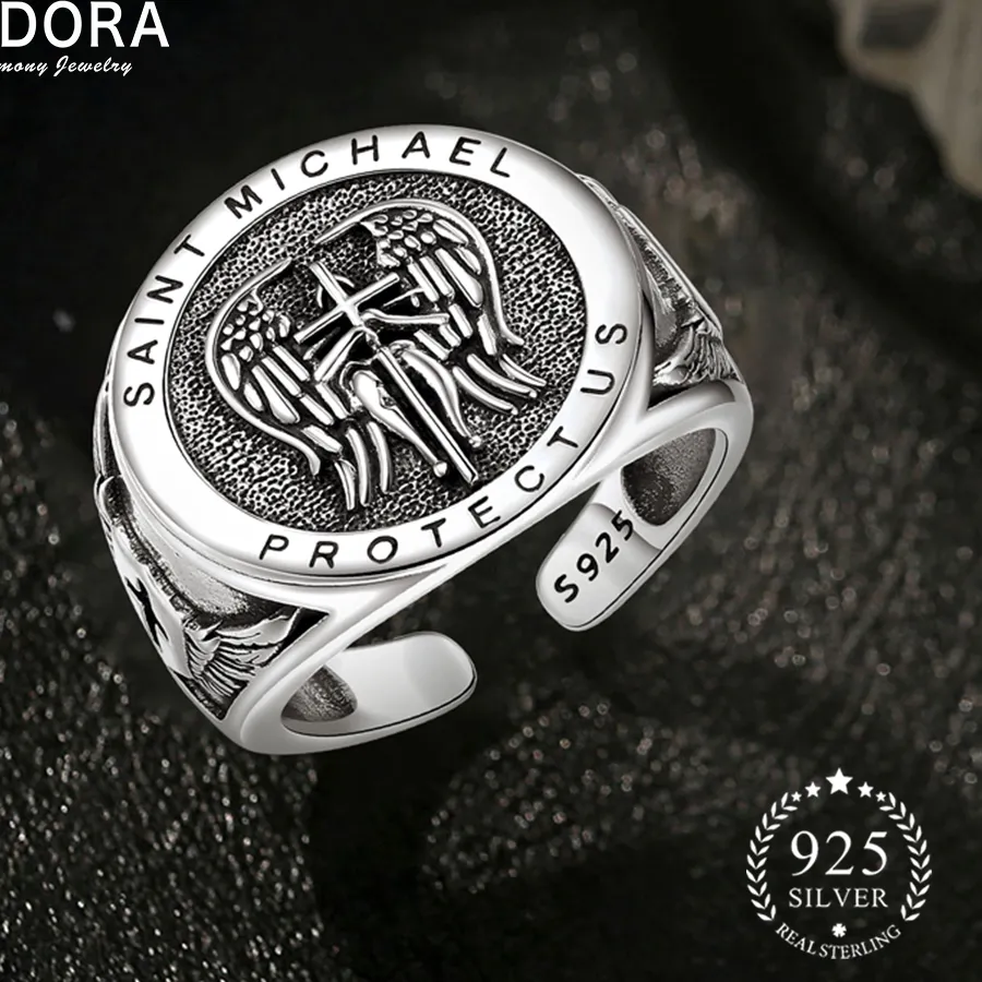 Authentic Eudora 925 Sterling Silver Saint Michael Adjustable Ring Archangel Amulet Cross Ring Christian Jewelry