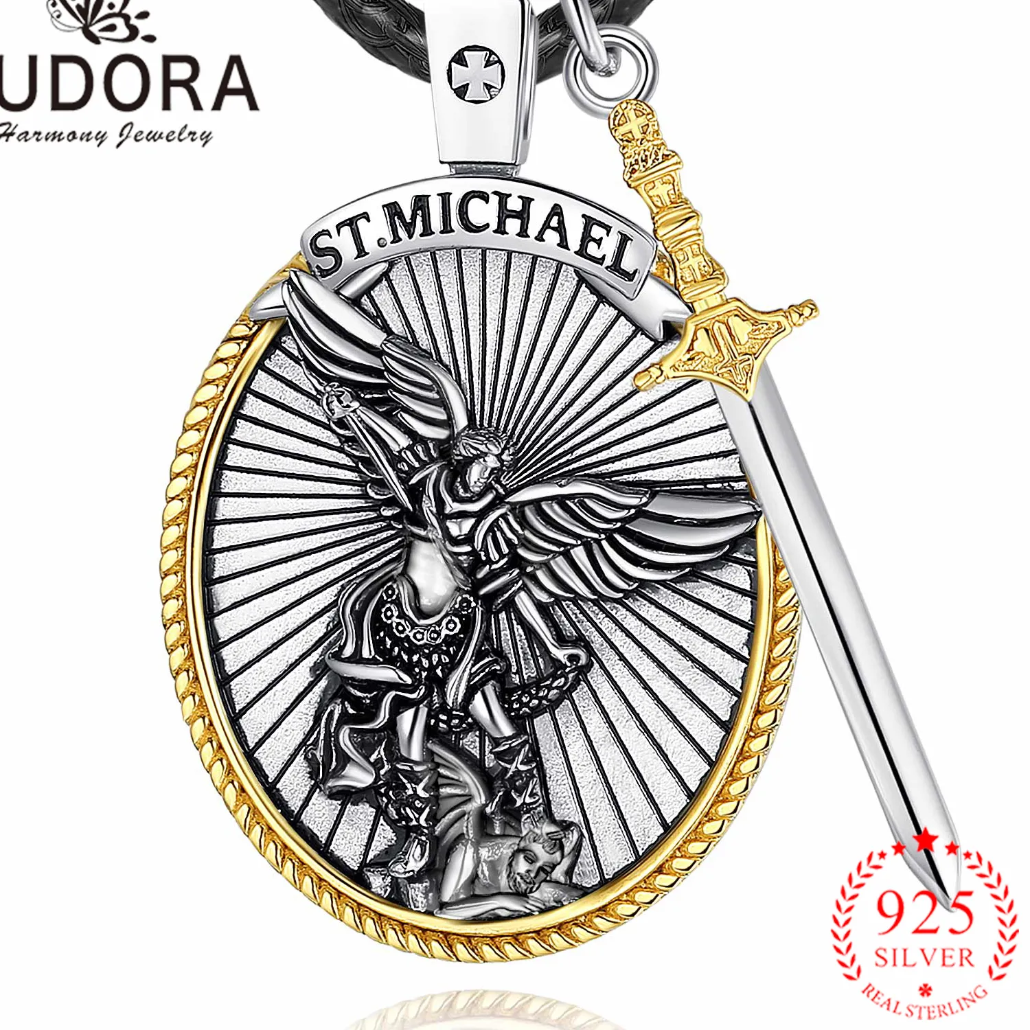 Authentic Eudora 925 Sterling Silver Saint Michael Archangel Necklace 18K Gold Shield Sword Pendant Fine Religious Jewelry