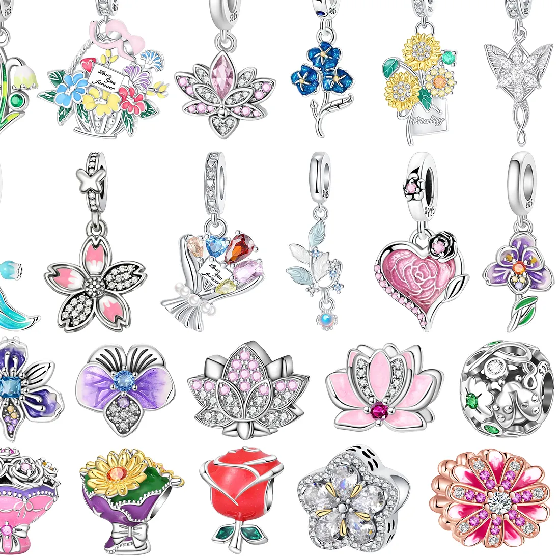 Authentic 925 Silver Floral Pave Lily of The Valley Pink Lotus Sunflower Bouque Purple Pansy Gem Charms Peach Blossom Beads Fine Jewelry