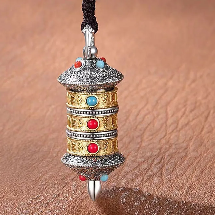Authentic Prayer Wheel The Six Character Great Bright Mantra Mezuzah Pendant Jewelry Amulet Necklace