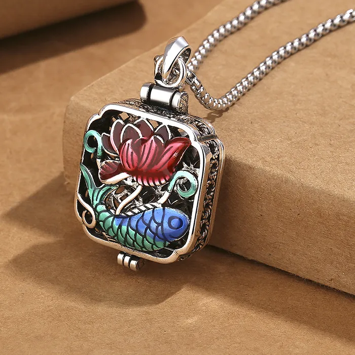 Authentic Hollow Lotus Flower Box Pendant Necklace Jewelry Personality Buddhist Scripture Mezuzah Amulet Necklace Male