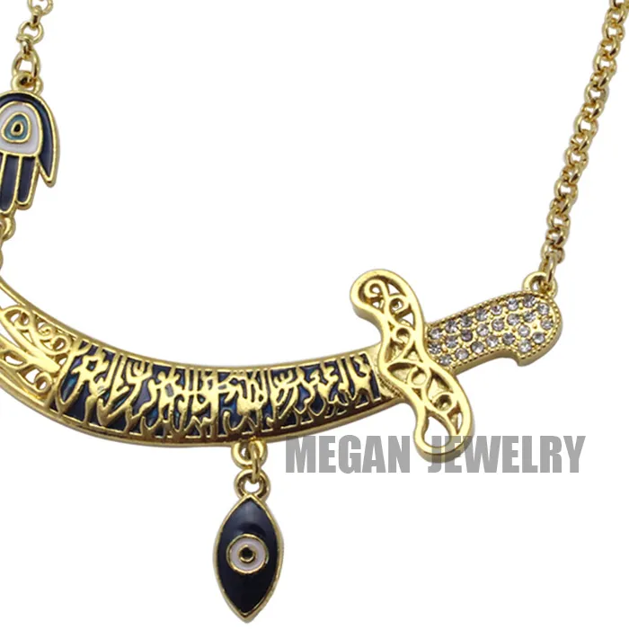 Authentic muslim turkish evil eye Imam Ali Sword Hamsa Hand Of Fatima necklace, islam jewelry fashion 55cm chain