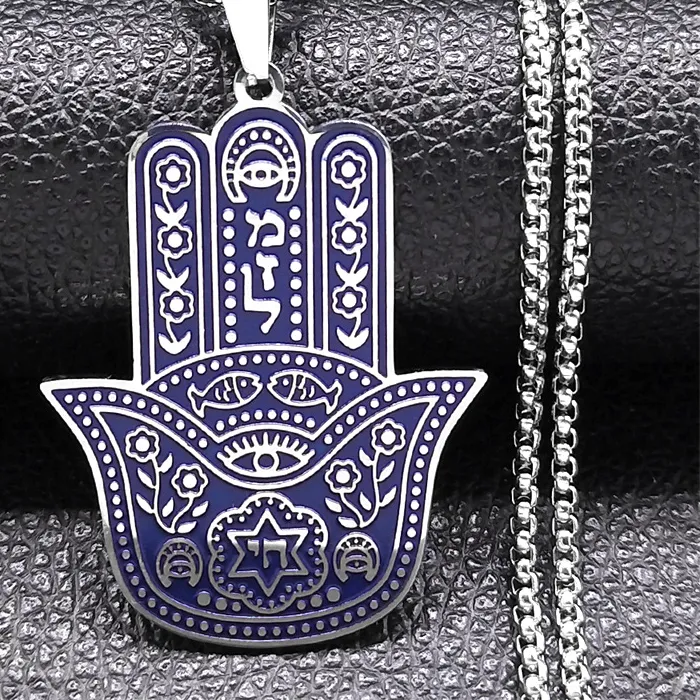 Authentic Chai Hebrew Letter Fatima Hamsa Hand Necklace Blue Color Jewish Lucky Necklace Jewelry Colar N7781S01