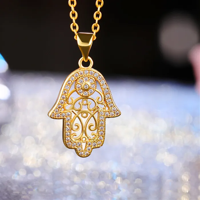 Authentic Juya New Design Micro Pave Zircon Evil Eye Hamsa Hand Of Fatima Pendant Necklace For Women Men Fashion Turkish Jewelry Wholesale