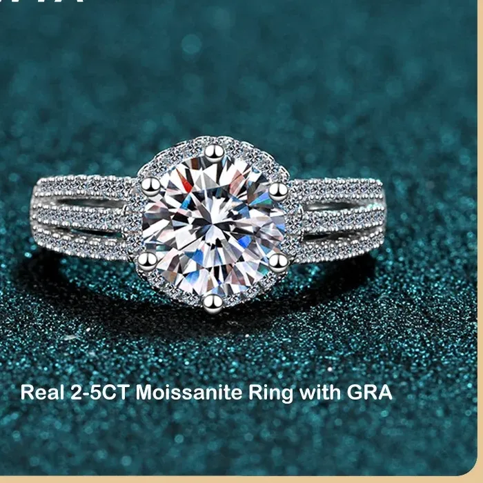 Authentic EWYA Luxury Designer D Color Real 2-5CT Moissanite Rings For Women Fine Jewelry S925 Sterling Silver Diamond Ring Wedding Band