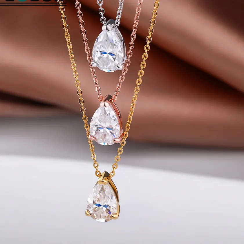 Authentic FEOBUR 1-5CT Waterdrop Solitaire Moissanite Necklace with Certificate Real 925 Silver 18K Plated Pear Diamond Pendant for Women