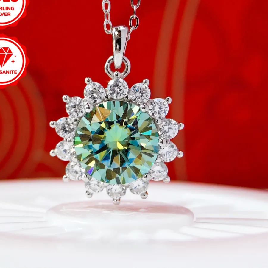 Authentic 1pc 1/2/3/4/5 Ct S925 Silver Classic Sunflower Design Pendant Necklace, Set with Blue-green Moissanite, Dazzling and Beautiful.