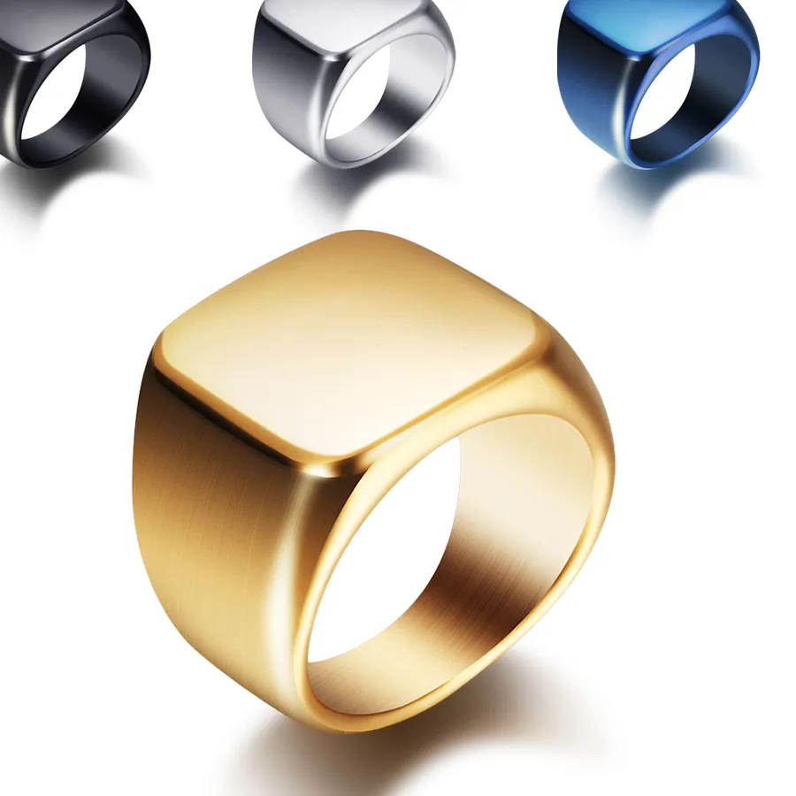 Authentic Free Engrave Silver/Gold/Black/Blue Square Big Width Signet Rings For Men Ring Titanium Jewelry