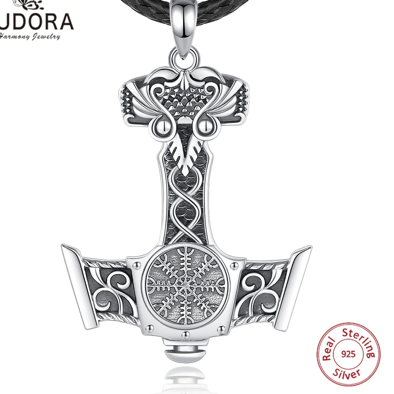 Authentic Eudora 925 Sterling Silver Norse Viking Thor's Hammer Necklace Vintage Compass Mjolnir Amulet Pendant Silver Jewelry Man