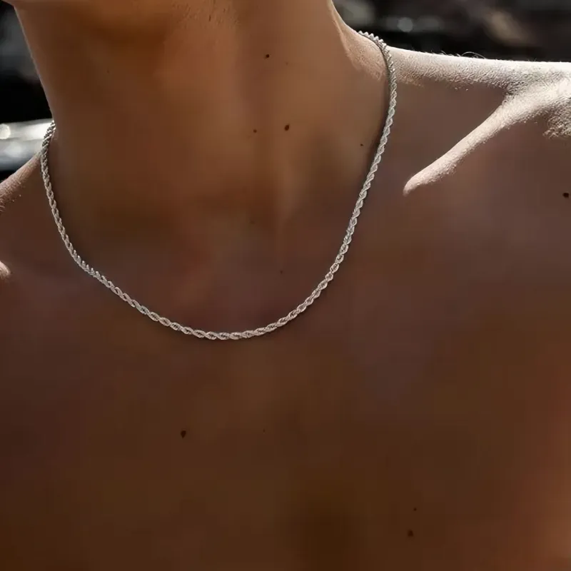 Authentic 2mm Men Silver Color Twisted Twist Chain Necklace Simple Titanium Choker Fashionable Non-fading Jewelry