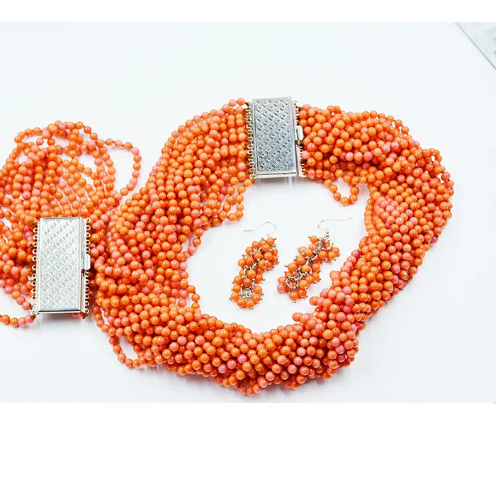 Authentic 20 strand necklace/13 strand bracelet. 4MM natural orange coral necklace. Classic Bridal Wedding Jewelry Set