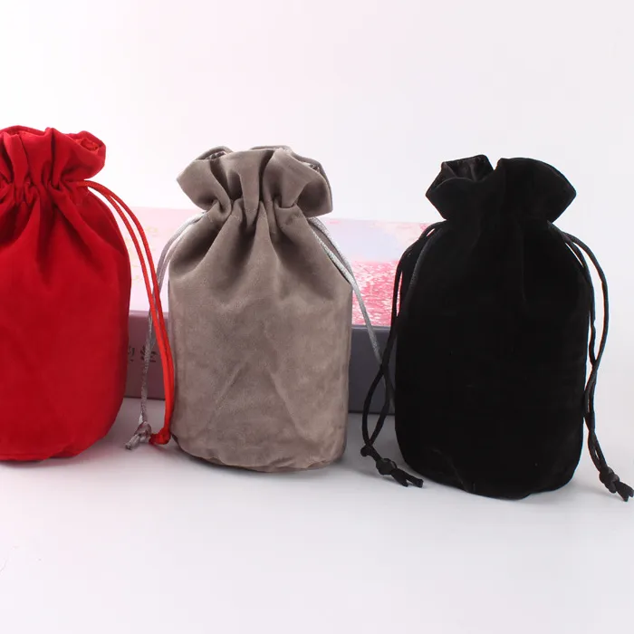 Authentic 20 Pcs/lot 6*12.5cm Black/Gray/Red Velvet Drawstring Round Bottom Bags Jewelry Gift Packing Pouches With Satin Inside Logo Print