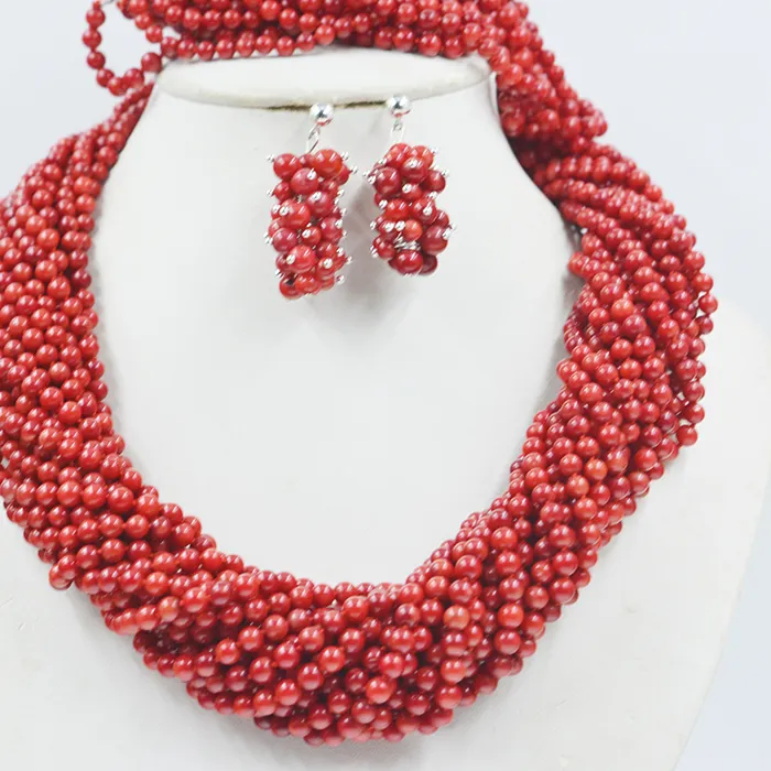 Authentic 20 strand necklace/13 strand bracelet 4MM coral Wedding Coral Beads Nigerian Trendy Necklace Bracelet Earring  22"