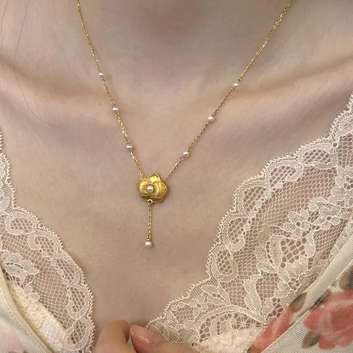 Authentic Rich and exquisite velvet gardenia pearl necklace antique gold craftsm brushed pearl collar chain tassel wedding jewelry
