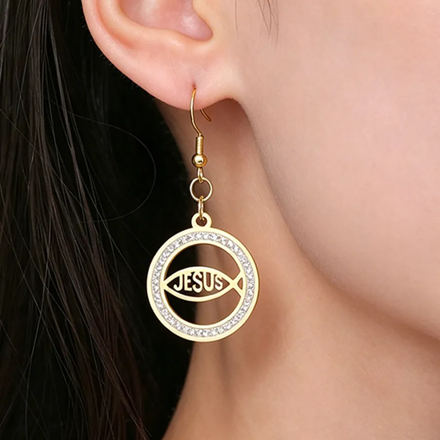 Authentic Jesus Fish Earrings Sparkling Rhinestone Dangle Earrings for Women Christian Ichthys Religious Faith Jewelry