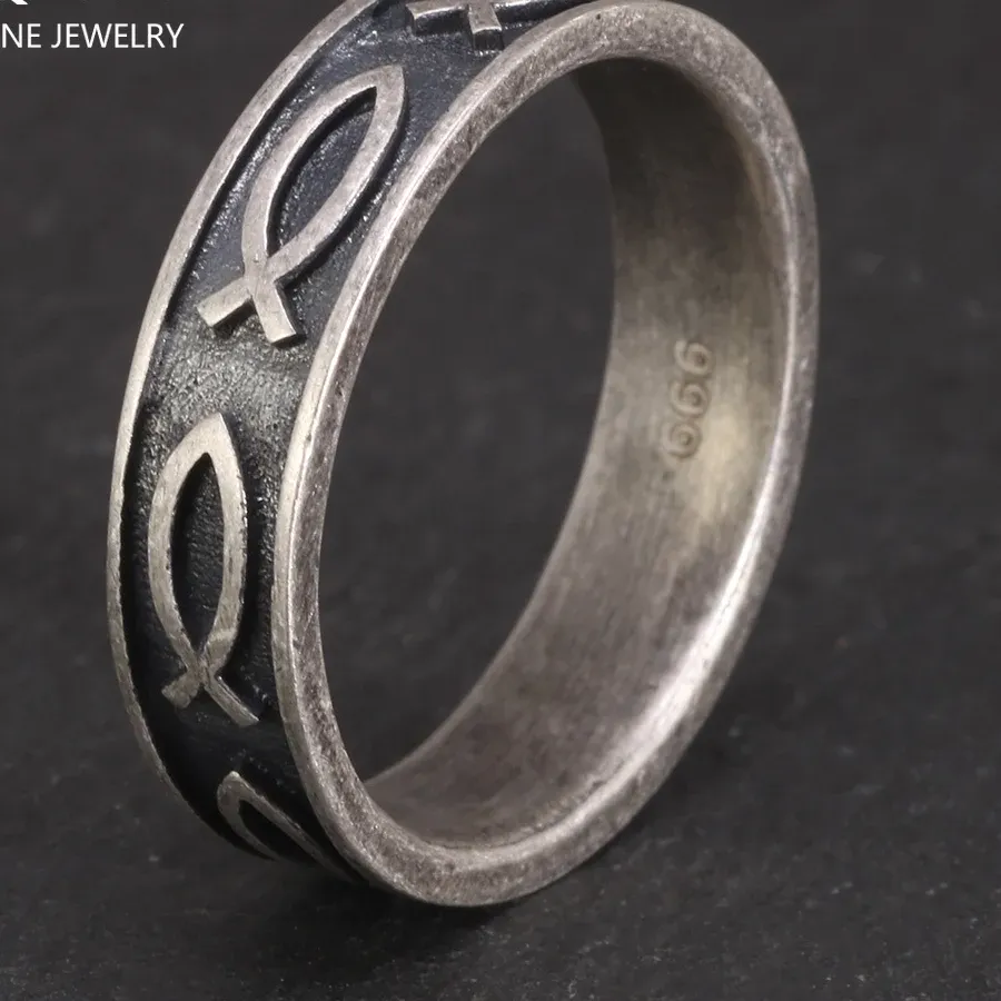 Authentic 100% Real 999 Sterling Silver Jesus Fish Ring For Men Women 7 Fishes Antique Processing Ichthys Ichtus Christian Jewelry