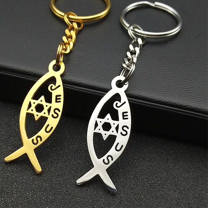 Authentic Ichthys Jesus Fish Hollow Key Chain for Women Men Gold Color Hexagram Star of David Key Ring Jewelry K3535S02