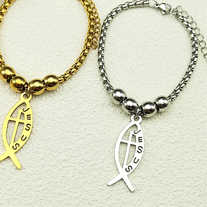Authentic Ichthys Jesus Fish Cross Christ God Pendant Bracelet for Women Men Gold Color Christian Hand Chain Jewelry