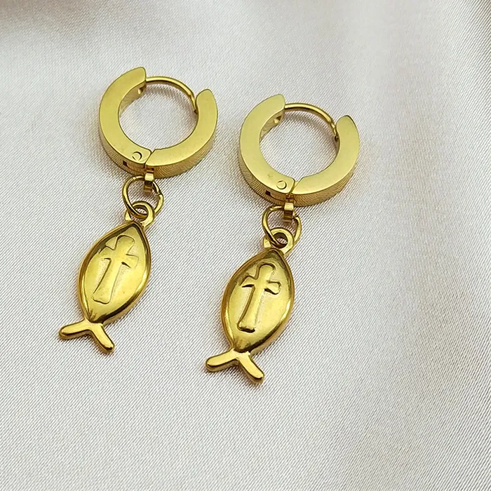 Authentic Ichthys Jesus Fish Cross Christ God Pendant Hoop Earrings for Women Gold Color Circular Ear Rings Jewelry ZZZ446