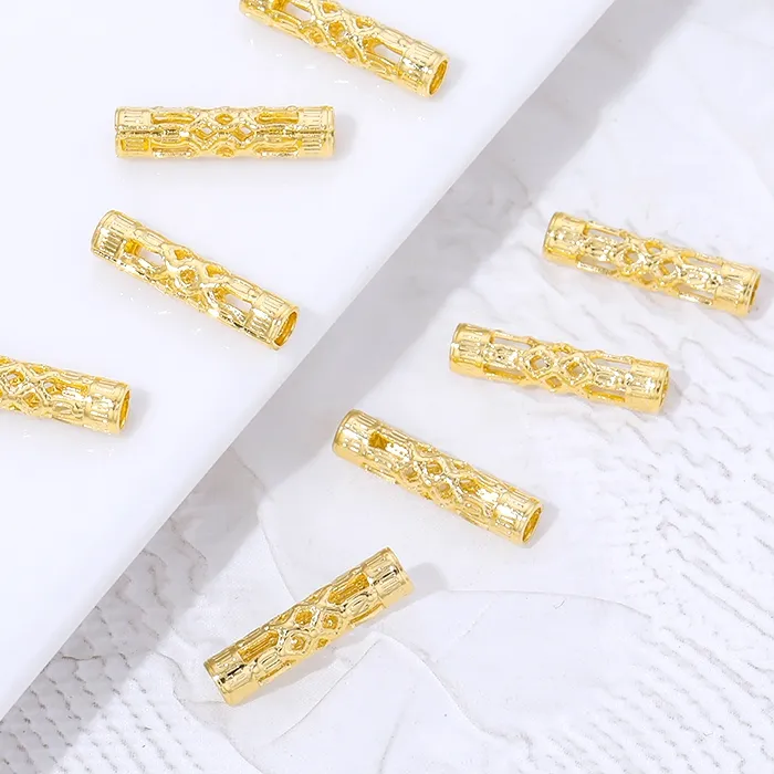 Authentic 18K Gold Plated Long Tube Spacer Beads Vintage Filigree Cylinder Beads For Jewelry Making Bracelet Necklace Accessories