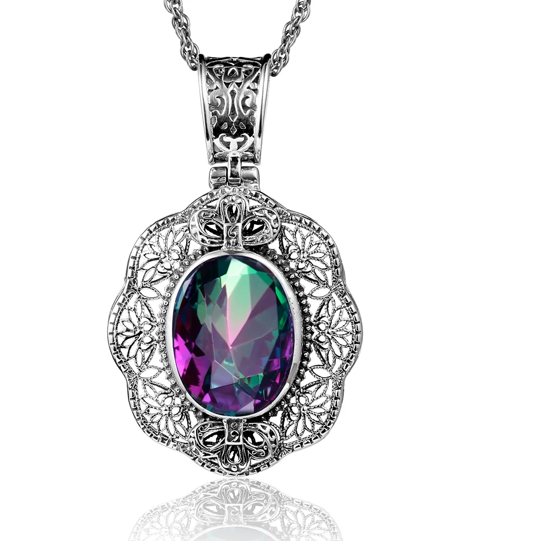 Authentic Victorian Mystic Topaz Filigree Amulet - Spectral Rainbow Aura Silver Talisman