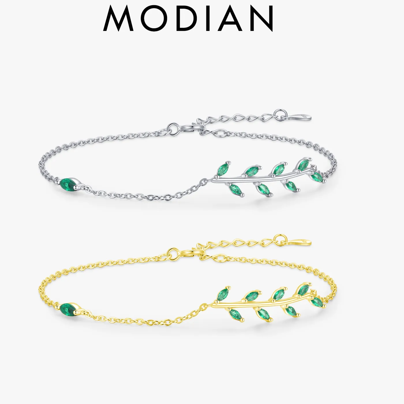 Authentic Modian 925 Sterling Silver Green Leaf Zirconia Adjustable Link Chain Bracelet Jewelry Accessories