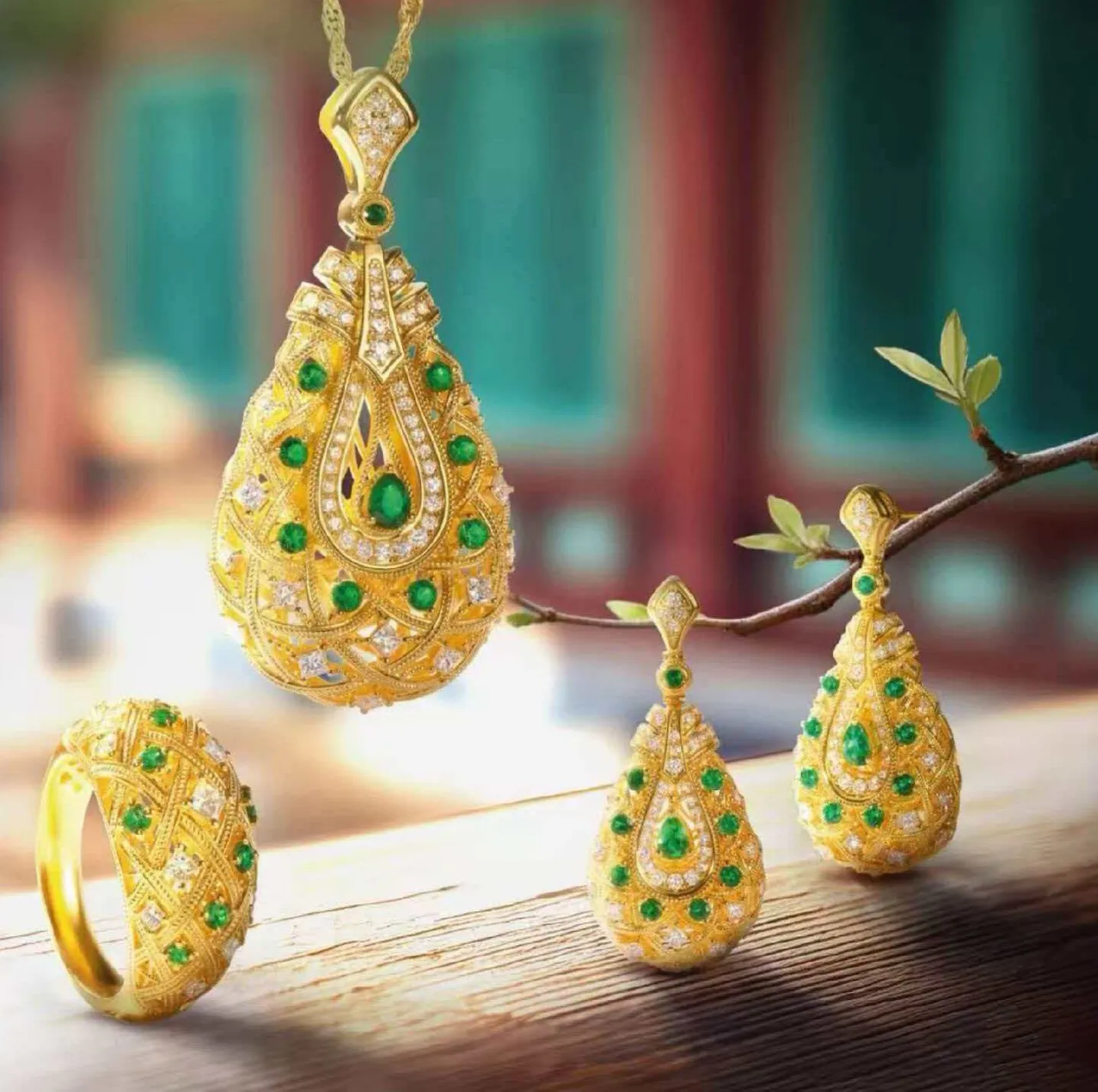 Authentic The Verdant Luminescence Suite: 24K Gold-Plated Filigree and Emerald Radiance