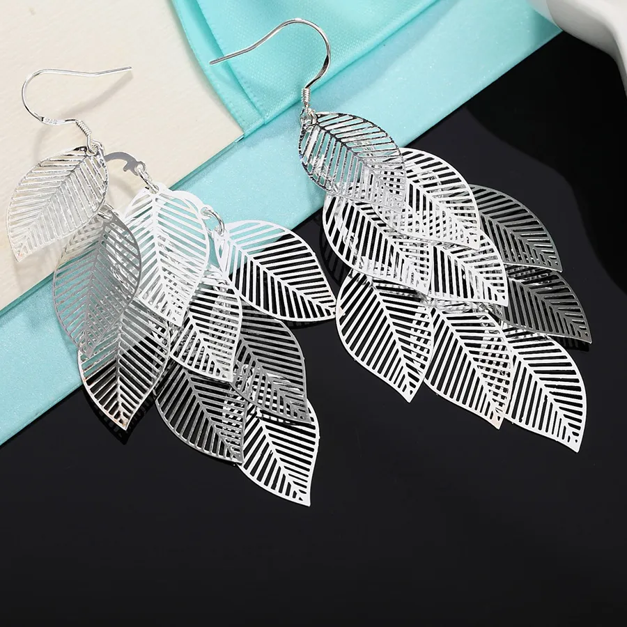 Authentic 925 Sterling Silver Leaf Wedding Dangle Earrings For Women Ladies Piercing Party Jewelry Gifts Accessories