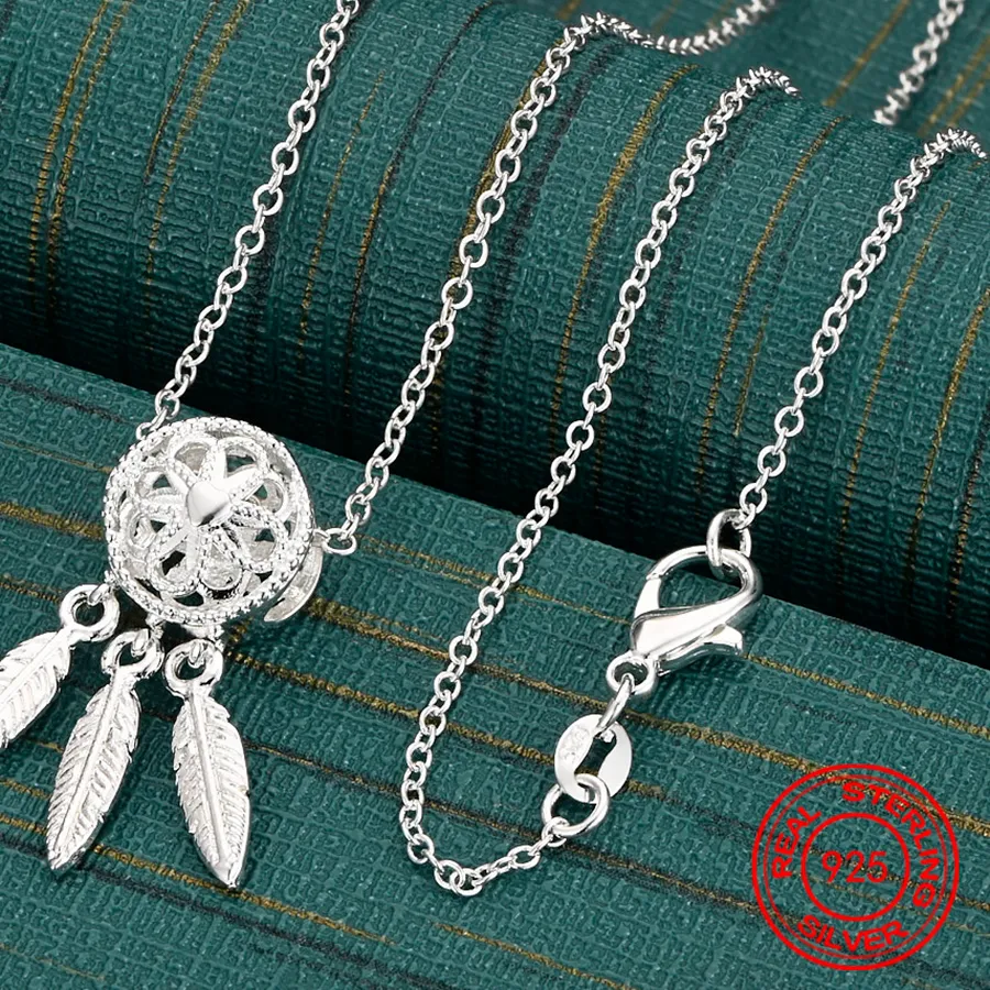 925 Sterling Silver Dreamcatcher Three- Leaf Pendant Necklace, Commuter Accessory, Christmas Jewelry