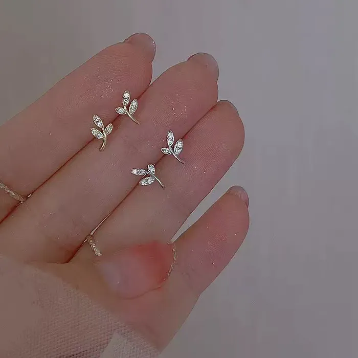 Authentic Real 925 Sterling Silver Zircon Leaves Mini Stud Earrings For Women Party Classic Fine Jewelry Small Niche Plant Accessories