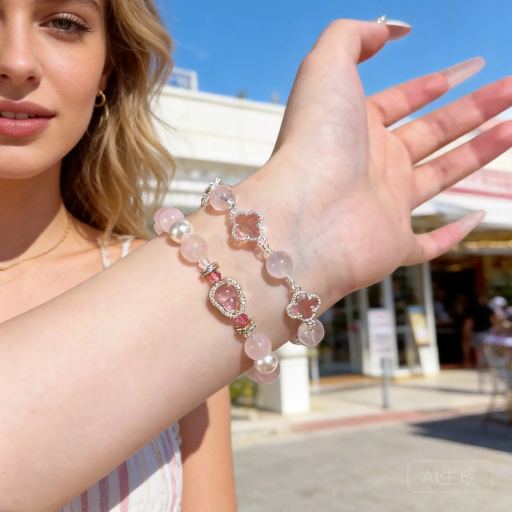 Authentic Rose Quartz Heartbeat Bracelet – Gourd & Four‑Leaf Clover Charm of Love & Luck