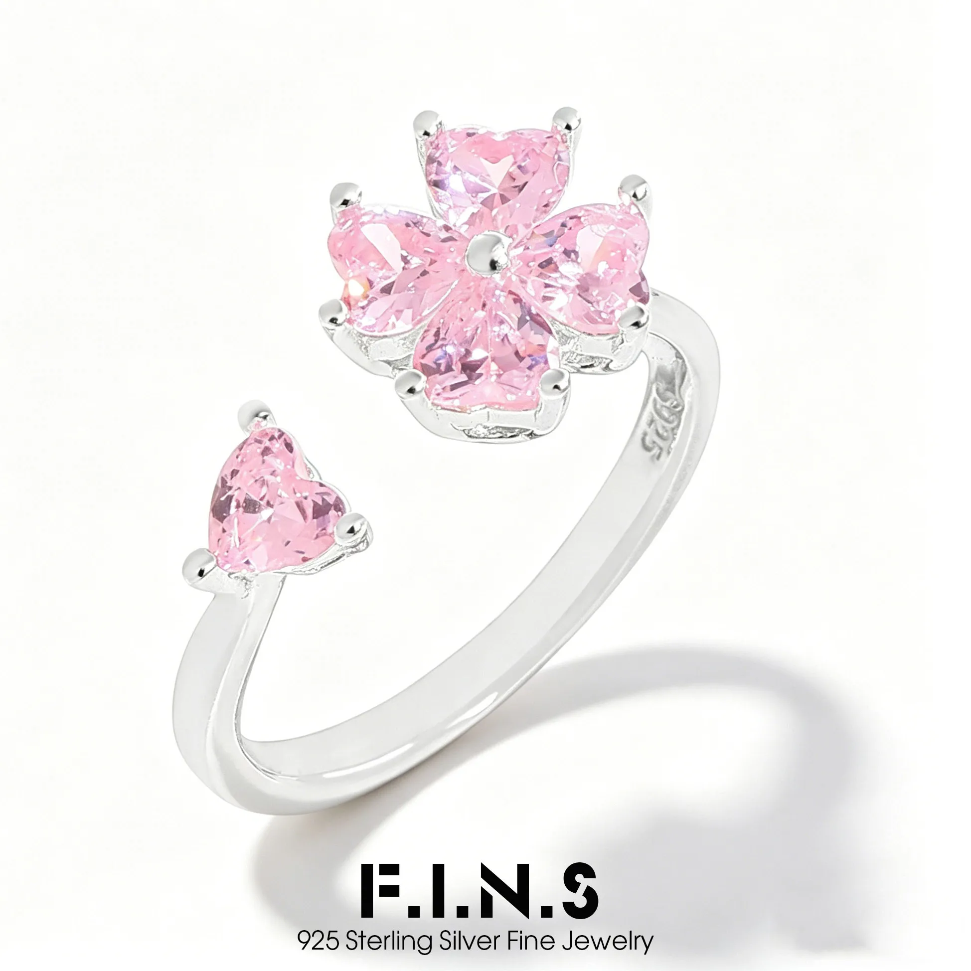 Authentic F.I.N.S Pink Heart-Shaped S925 Sterling Silver Ring for Women Luxury Four-Leaf Clover Open Adjustable Finger Fine Jewelry Gifts
