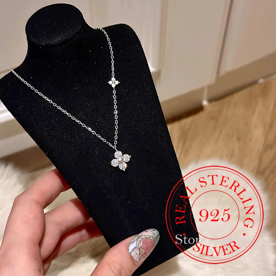 Authentic 925 Sterling Silver Zircon Clover Necklace Pendant Crystal 4- Leaf Necklace Collar