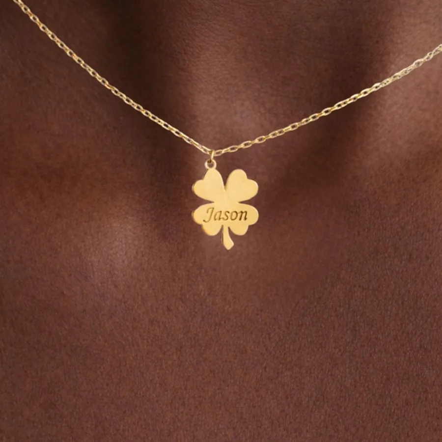 Authentic Personalized Custom Date Engraved Lucky Charm Four Leaf Clover Necklace Customized Name Jewelry Anniversary