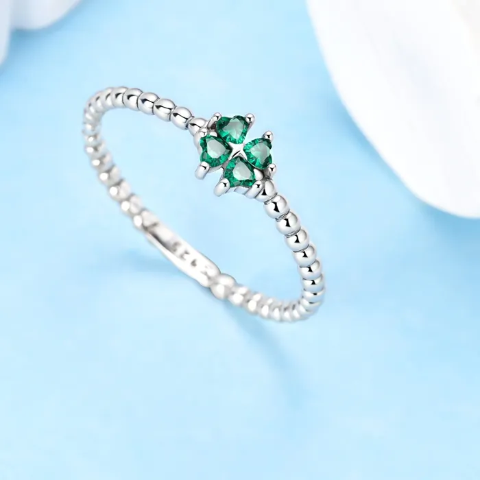 Authentic Ring 925 Silver Lucky Four Leaf Clover Green Zircon Rings for Women Lucky Stackable Jewelry Birthday Fine