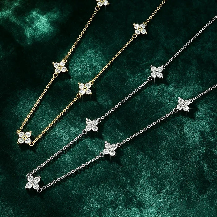 Authentic Lnngy Certified 2.0CTTW Moissanite Necklace Niche Light Luxury Four Leaf Flower Choker Necklaces for Women Daily Jewelry Gift