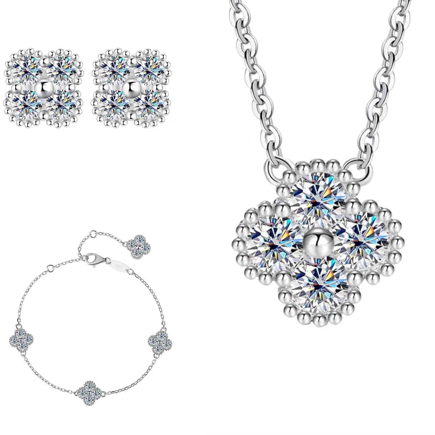Authentic S925 Sterling Silver 4-Leaf Clover Moissanite Women's 3-Piece Jewelry Set, Necklace Bracelet Earrings