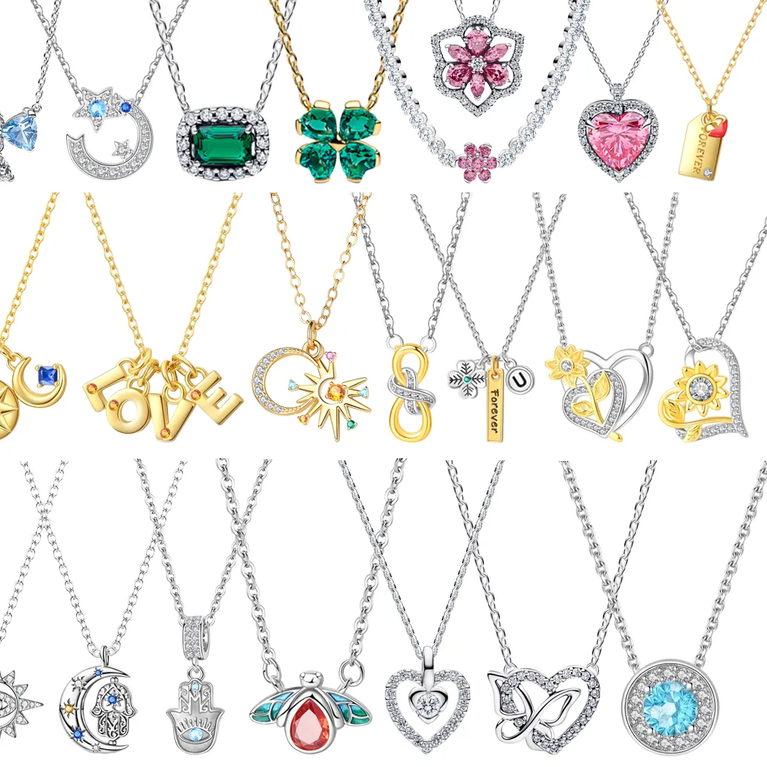 Authentic Hot Sale 925 Sterling Silver Four Leaf Clover Star Moon Heart Flower Pendant Necklace for Women's Valentine's Day Jewelry Gifts