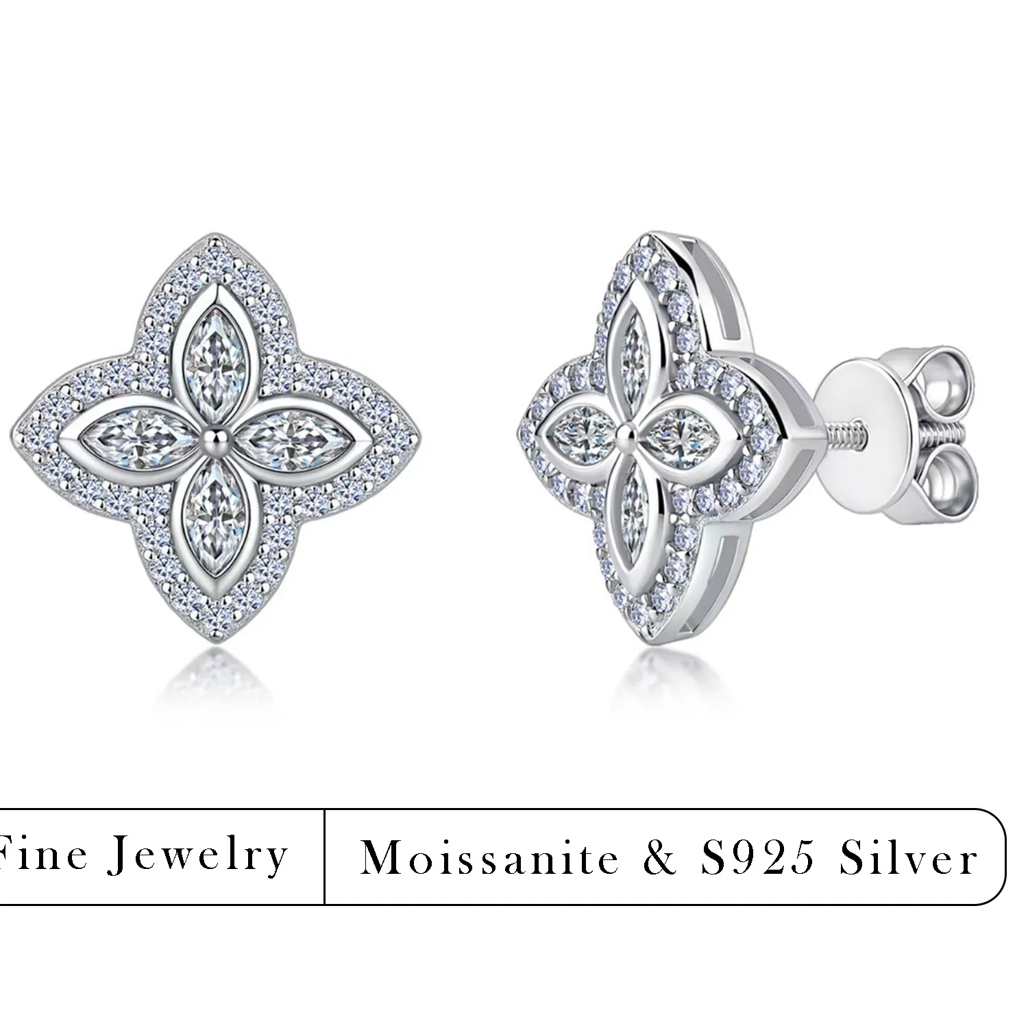 Authentic Four Leaf Clover Botanical Fortune Moissanite Stud Earrings - Sacred Geometry Silver Talisman