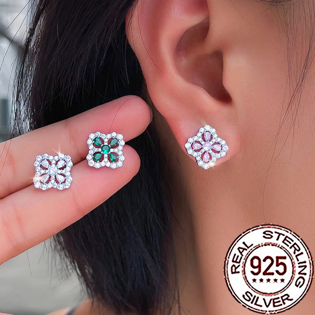 Authentic QooLady 925 Sterling Silver Luxury Pink White Green CZ Big Four Leaf Flower Stud Earring for Women Mother Day Jewelry SE180