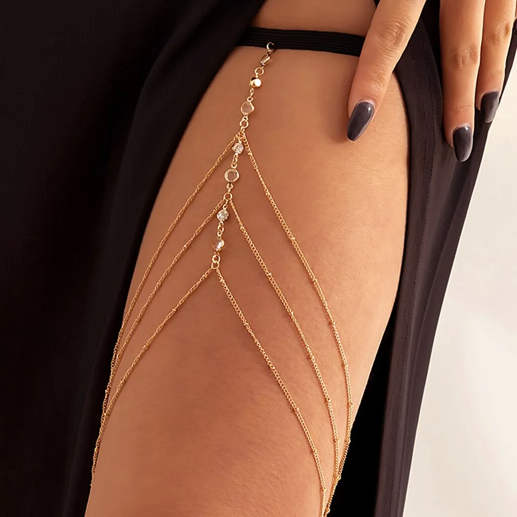 Authentic Boho Elastic Band Crystal Leg Thigh Chain for Women Summer Beach Sexy Tassel Multilayer Adjustable Body Jewelry Dress Decorate