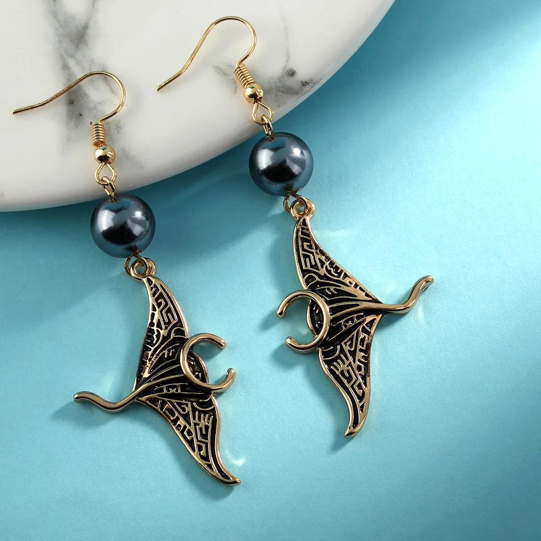 Authentic Handmade Hawaiian Black Enamel Manta Ray Earrings Ocean Beach Gift Drop Jewelry