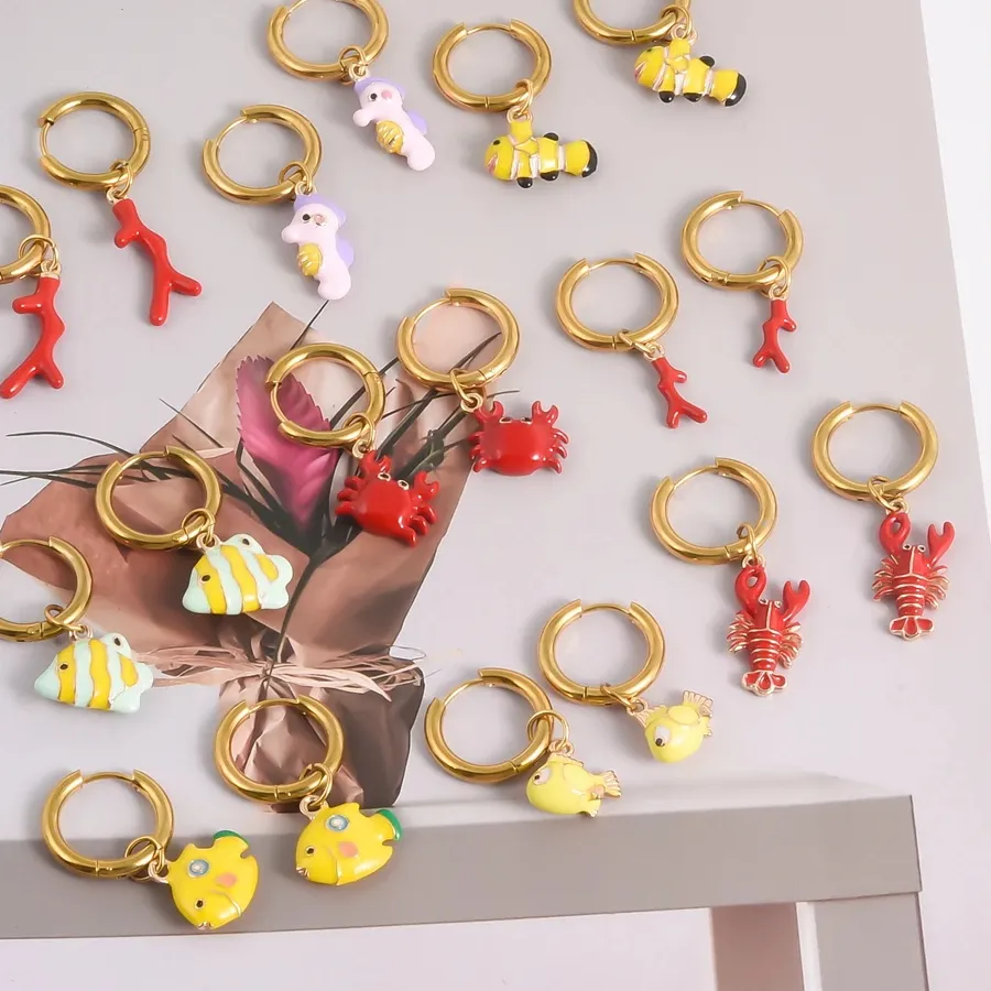 Authentic Cute Marine Animals Coral Tree Clownfish Crab Lobster Seahorse Hoop Earrings Girls Gifts Summer Beach Jewelry Charms