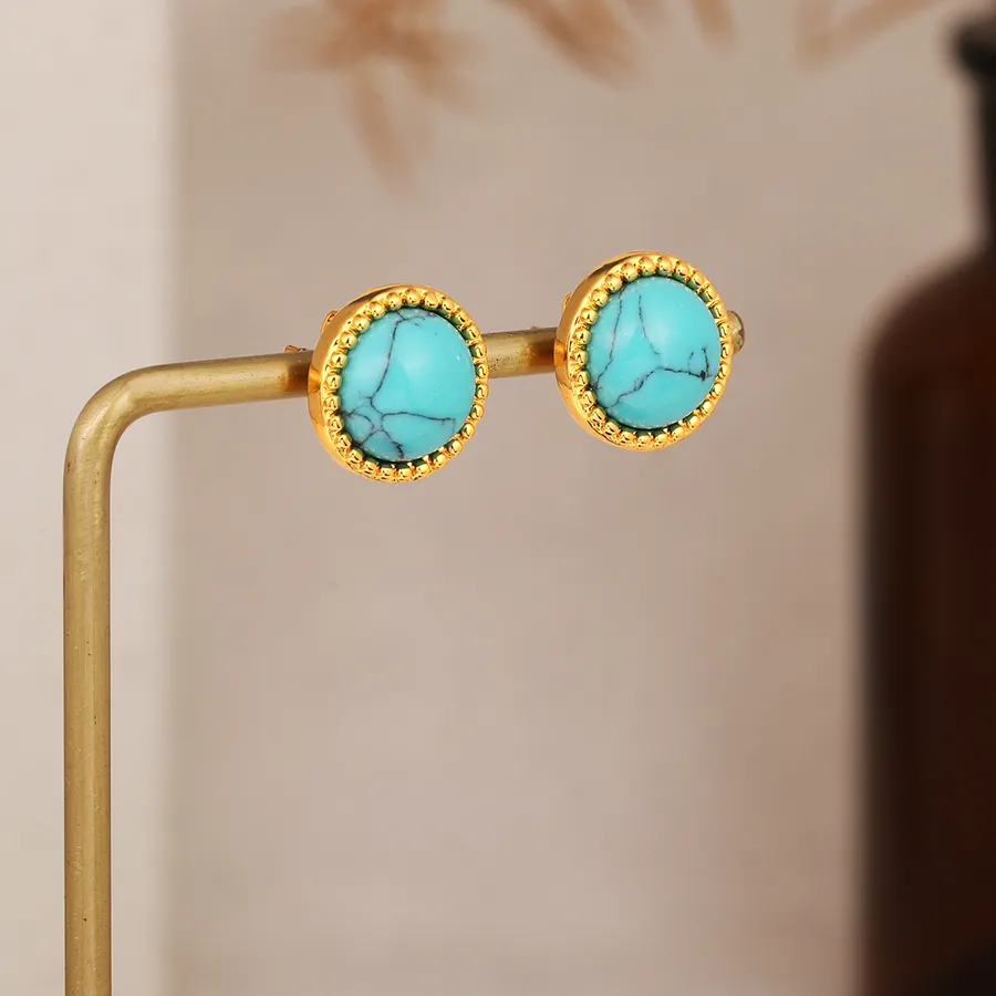 Authentic Bohemia Style Round Turquoise Stud Earrings Vintage Gold Plated Minimalist Small Earring Summer Beach Jewelry for Women