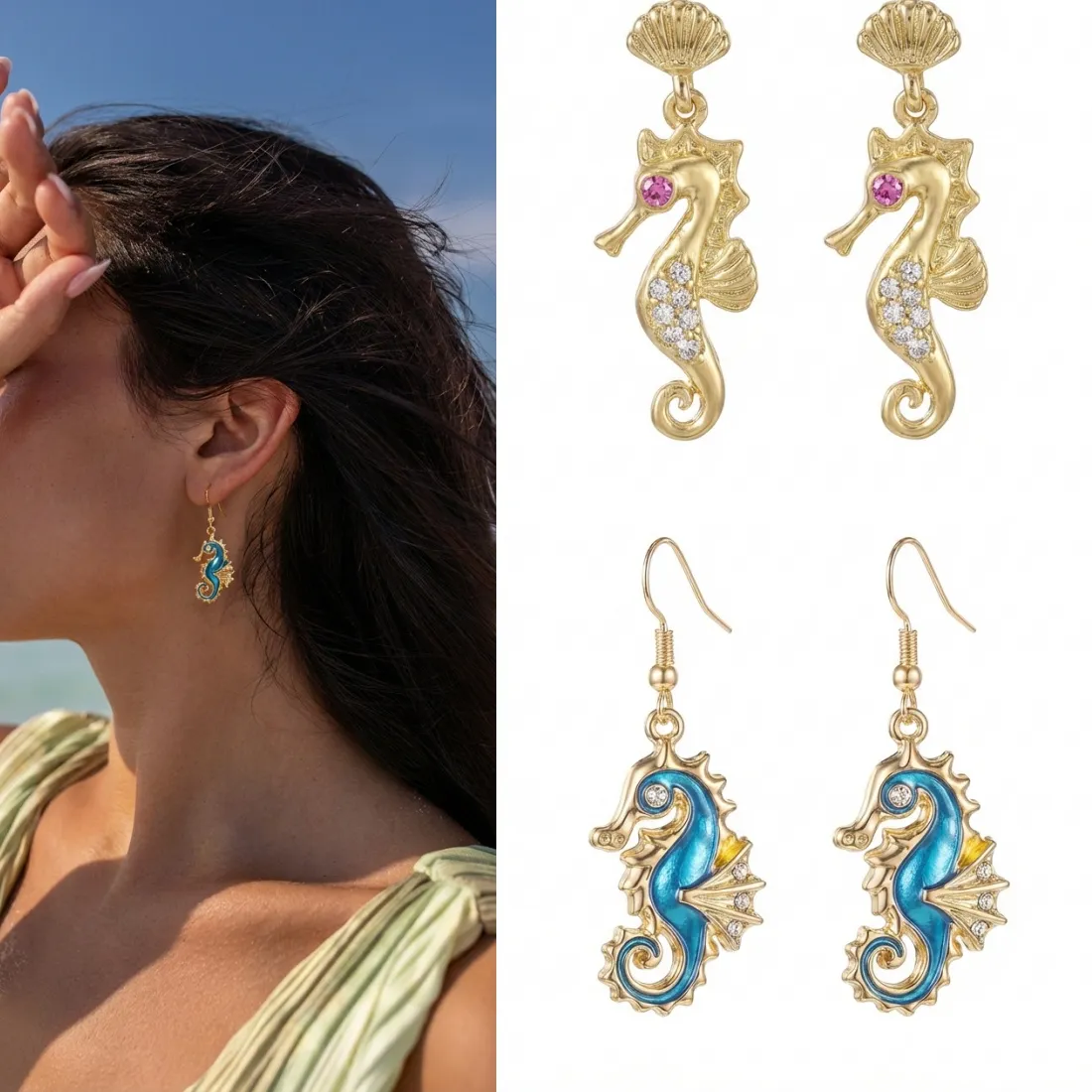 Authentic Trendy Summer Beach Accessories Kawaii Seahorse Statement Earrings Gold Color Metal Marine Life Jewelry for Women Holiday